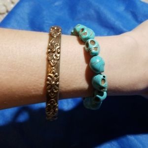 Two Bracelet Bundle Turquoise Skulls Gold Bangle